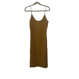 Topshop Womens Olive Ochre Ribbed Knit Midi Slip Dress Side Slit US 10 35B02KKHA